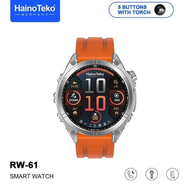ساعة هاينو تيكو RW-61 الذكية بشاشة AMOLED دائرية الشكل ومصباح يدوي مدمج و3 أزواج من الأشرطة وكابل شحن مصممة للسيدات والرجال باللون الفضي