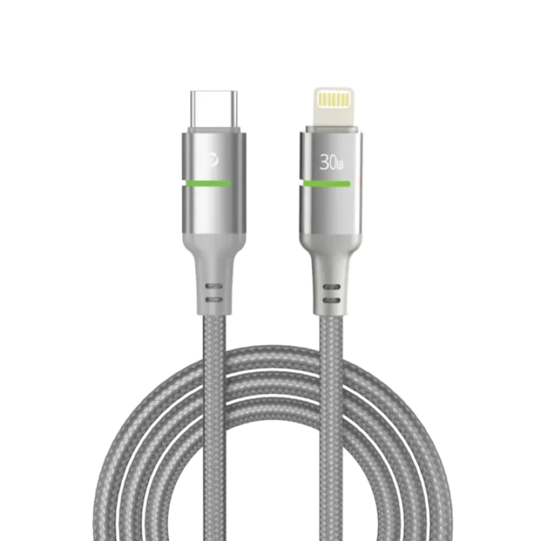 كابل باور بلس لوسنت مضفر من سبيكة الألومنيوم مع مؤشر LED من النوع C إلى لايتنينج 30 واط 1.2 متر رمادي